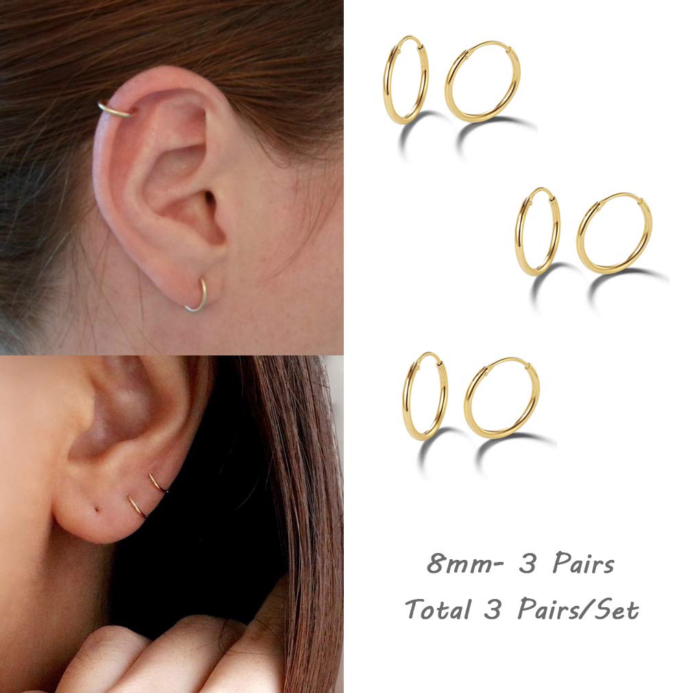 EPIRORA Sterling Silver Hoop Earrings for Women Men, Hypoallergenic Cartilage Earring Endless Small Hoop Earrings Set, 3 Pairs T