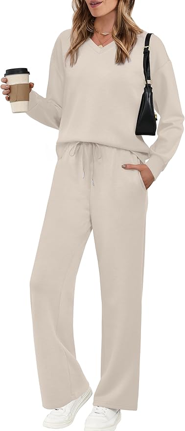 WIHOLL Lounge Sets for Women 2025 V Neck 2 Piece Outfits Airport Wide Leg Pants Matching Set Sweatsuits