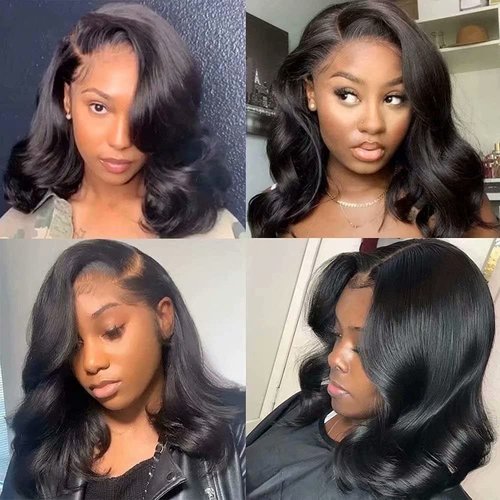QUINLUX WIGS Body Wave Short Bob Human Hair Wig 13x6 HD Transparent Lace Front Human Hair Wig Brazilian Hair Natural Color 150% Density Short Wigs Ocean Wave Pre Plucked With Baby Hair For Women 8Inch