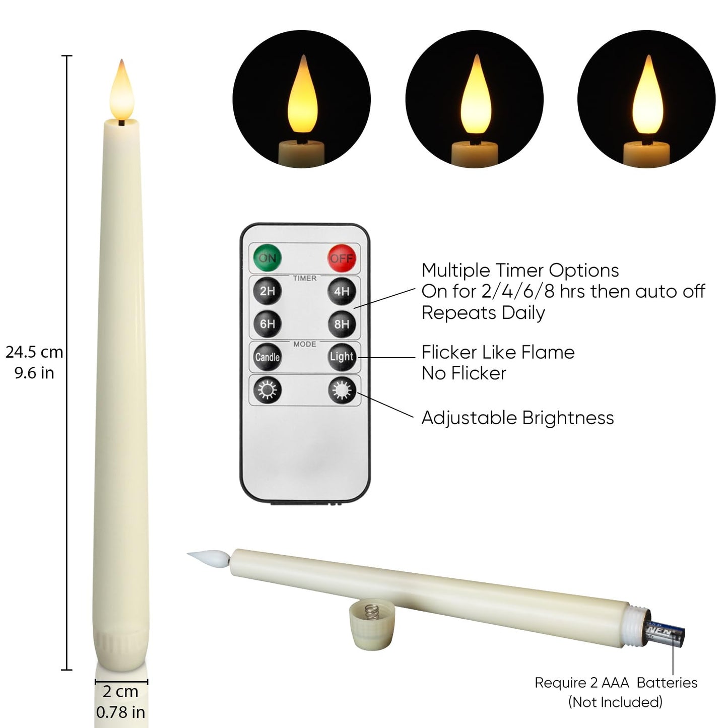 Homemory 12 Pcs Waxy Flameless Taper Candles with Remote, Led Flameless Candlesticks Classic Tall Candle, Flickering Battery Operated Taper Candles for Bedroom, Dining Room, Ivory, 9.6 inches