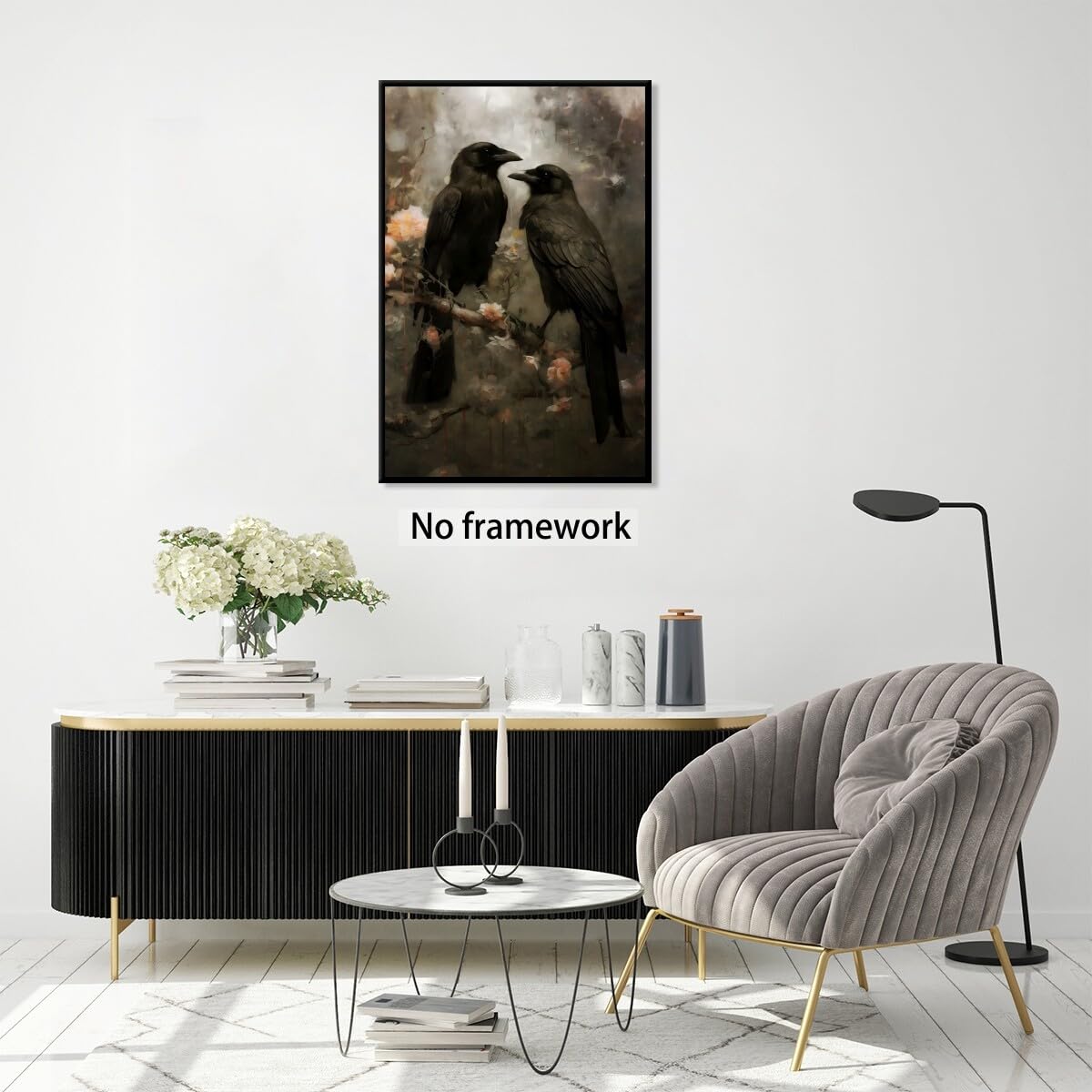 Generic Dark Academia Black Crows Wall Art Raven Couple in Dark Forest Wildlife Painting Retro Art Gothic Decor Hallowe'en Canvas Print 12x8 Unframed