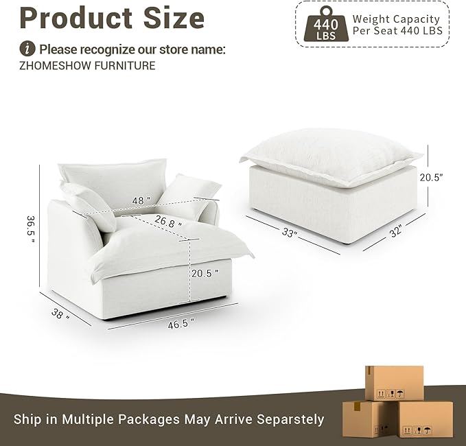 Lopzeho 48” Oversized Chaise Lounge Chair, Modular Sectional Sofa, Down Fill Cloud Couch with Washable Cover, Single Seater with Ottoman, Sectional Couches for Living Room Apartments, Cream White