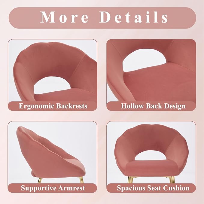 YDcosyfy Modern Small Accent Chair Set of 4, Comfy Velvet Vanity Chair with Shell Back & Golden Metal Legs, Decorative Dining Chair no Wheels for Living Room, Makeup Room, Bedroom, Pink