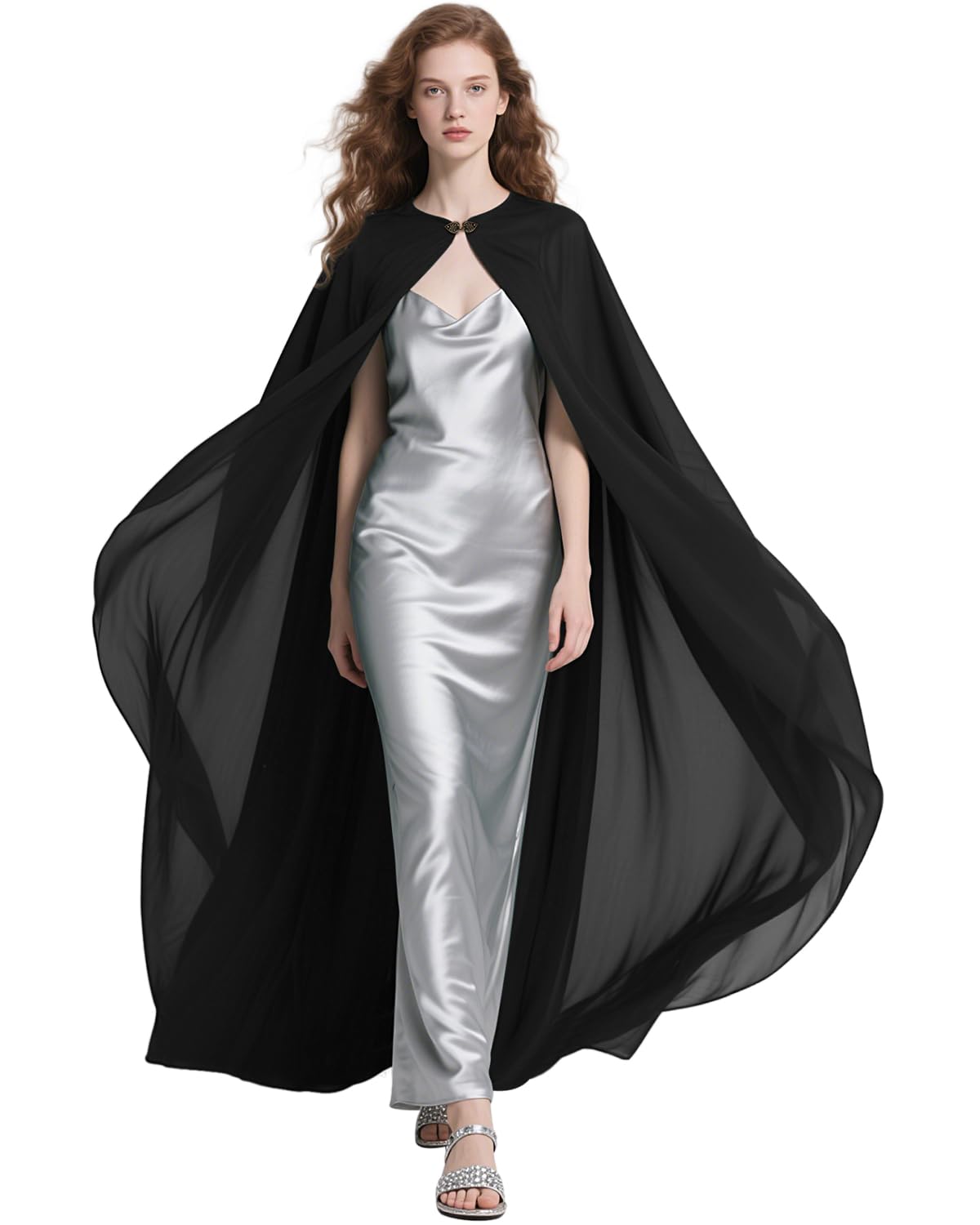 L'VOW Gothic Black Chiffon Shoulder Cape Women's Sheer Tulle Cloak Shoulder Shawl Halloween Party Wedding Cosplay