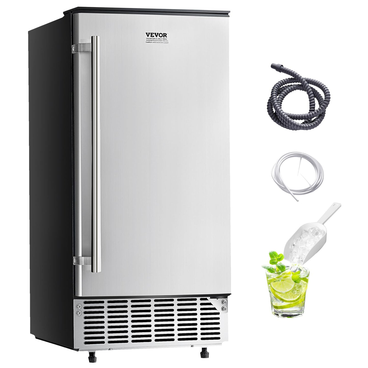 VEVOR Undercounter Built-in Ice Maker, 80 Lbs/Day Under Counter Ice Maker Machine with Reversible Door, Stainless Steel Freestanding Ice Maker for Commercial Home Kitchen, Electric Drainage