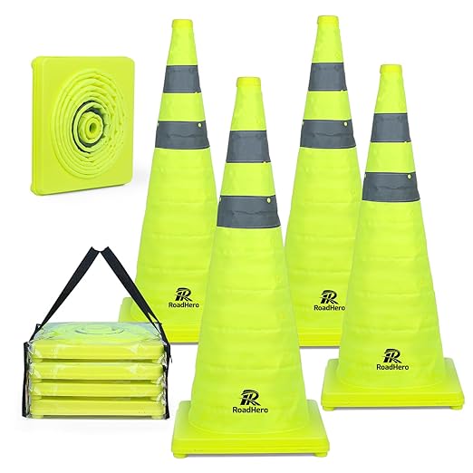RoadHero 28 Inch 4 Pack Collapsible Traffic Safety Cones, Lime Green Pop-up Cones with Reflective Collar for Road Safety, ...