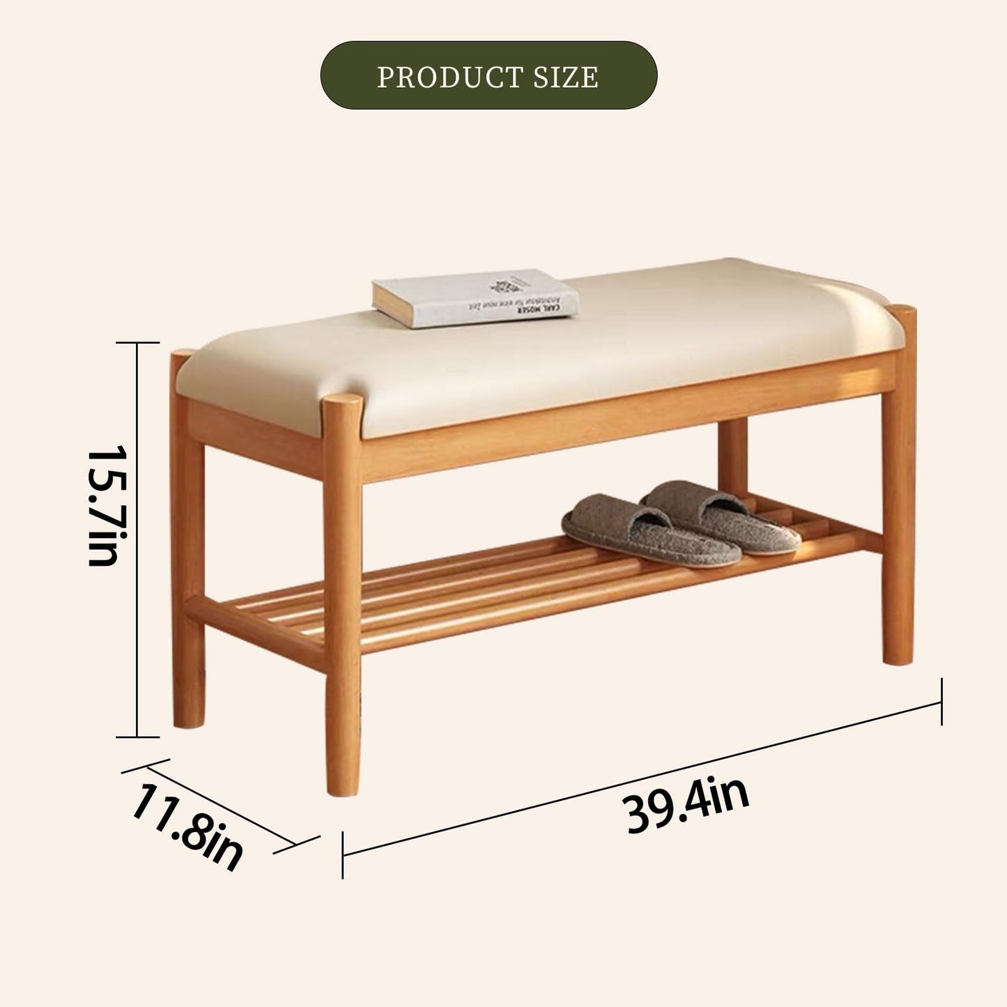 Buzleer Solid Wood Shoe Bench with Cushion, 2-Tier Shoe Rack for Front Door Entrance, Enterway Benches with Shoe Storage (Natural, 39.4in)