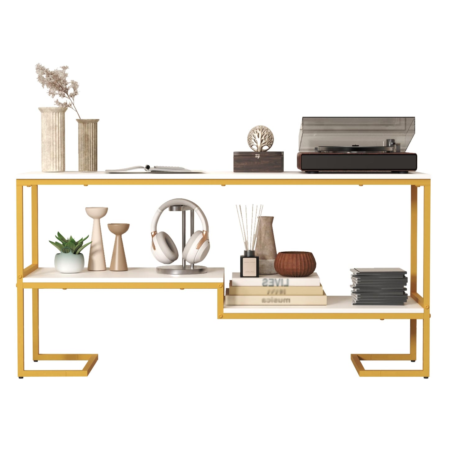 Housoul Console Table, 3-Tier Industrial Entryway Table, 53”L Entrance Sofa Table with Shelves, Hallway, Living Room, Foyer, Corridor, Office, White and Gold