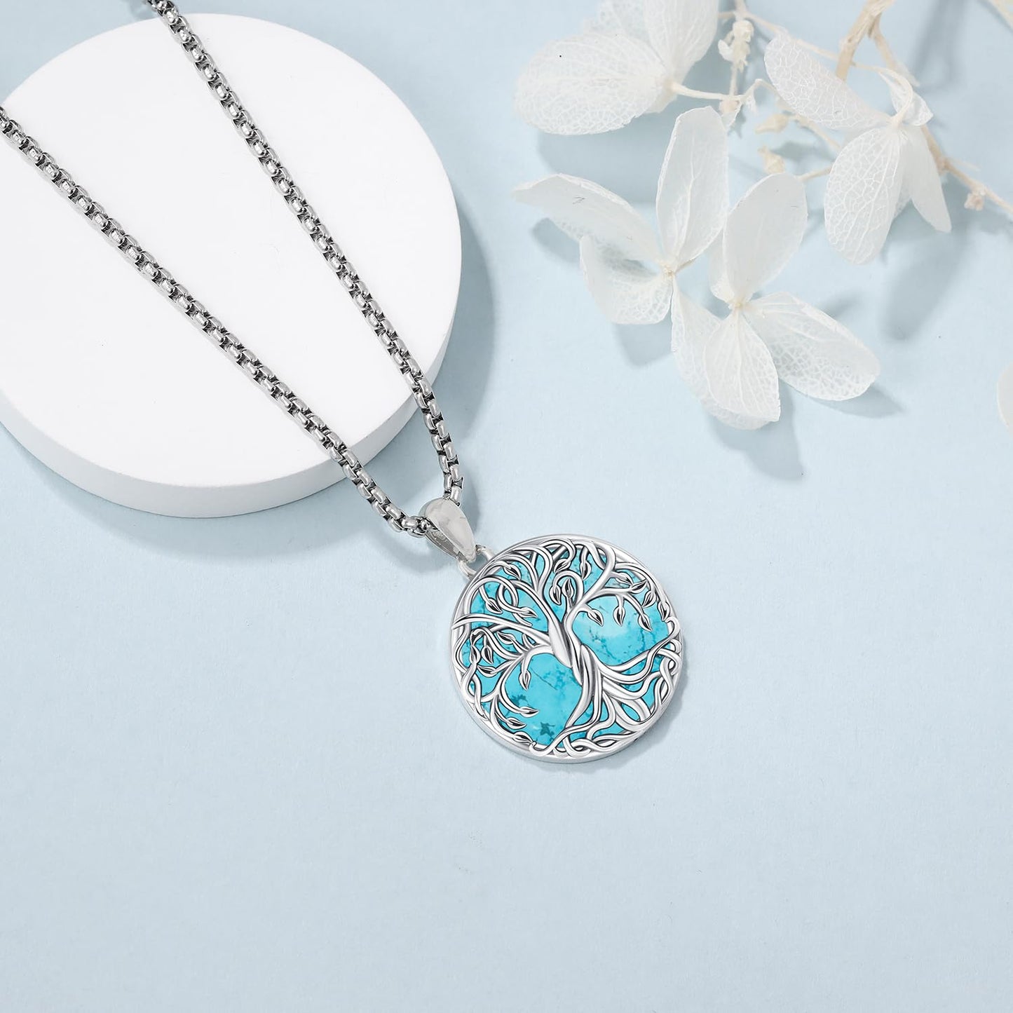 Aniu Tree of Life Necklace for Women, 925 Sterling Silver Celtic Family Tree Charm Pendant Turquoise Jewelry for Birthday Christ