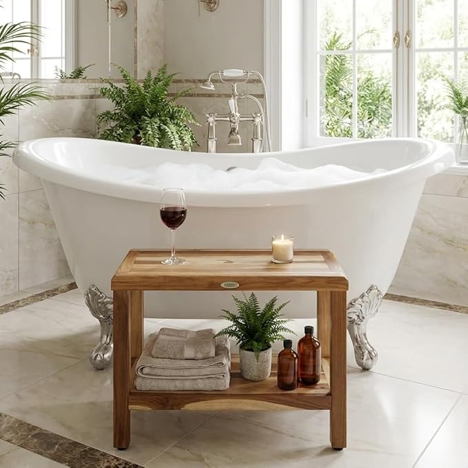 EcoDecors Eleganto 24 Inch Natural Color Waterproof Teak Wood Shower Bench Stool Seat Chair For Inside Shower Provides Safety, Storage, and Organization For Bathroom Accessories