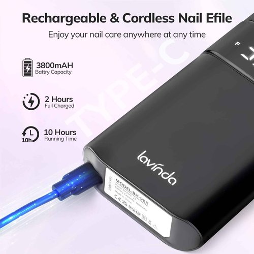 Lavinda 35000RPM Electric Nail Drill, Professional Cordless Nail Drill Machine Portable Rechargeable Nail Efile for Acrylic Gel Nails, Manicure Pedicure Polishing Shape Tools for Salon Home Use-Black