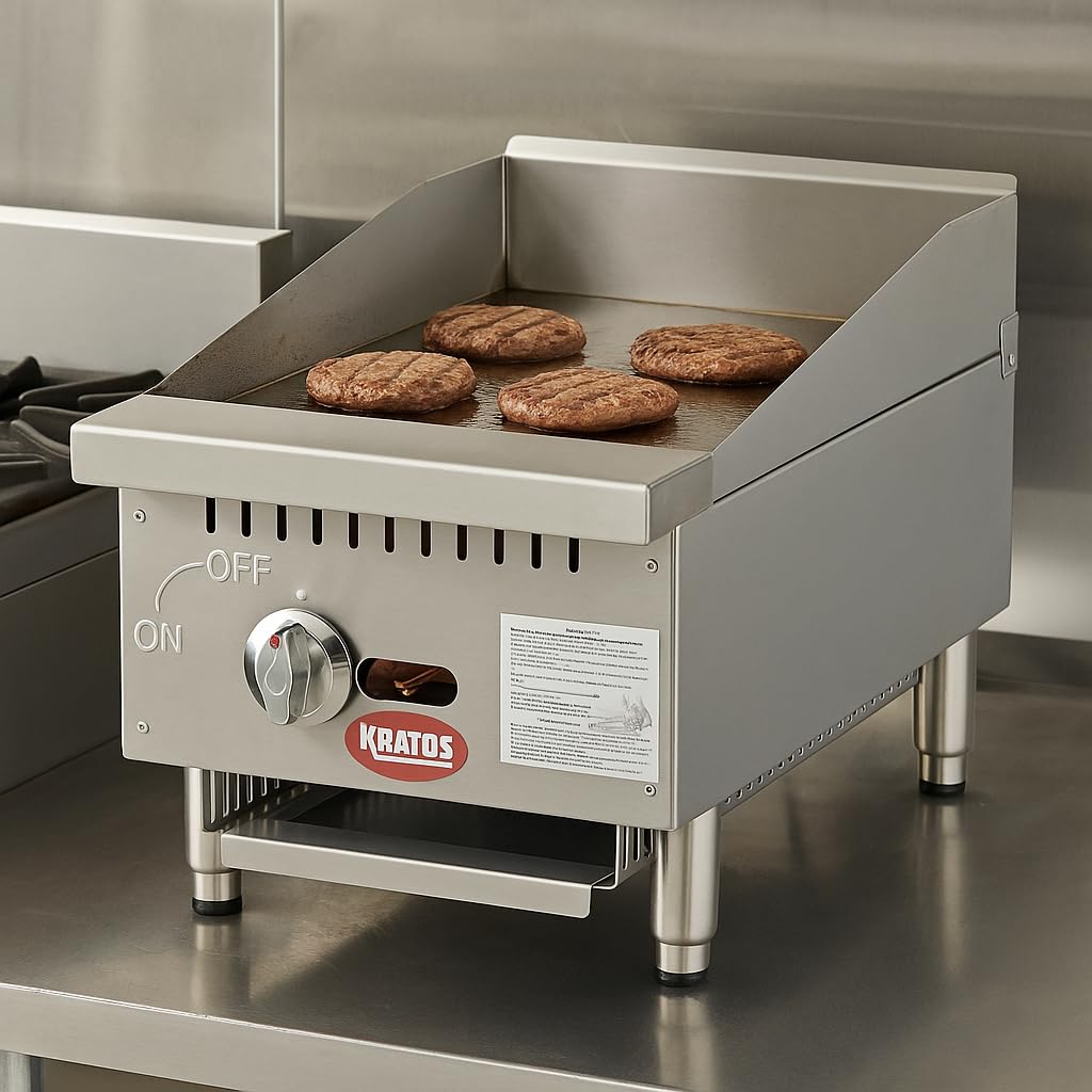Kratos 15" Wide Commercial Countertop Griddle, Gas Hot Plate for Restaurants, Manual Control, 1 Burner, Compact Space Saving Gas Girddle, Powerful 30,000 BTU Output (29Y-176)