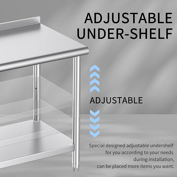 Mioleu Commercial Stainless Steel Table 48 x 24 Inches Heavy Duty Prep & Work Metal Desk with Blacksplash & Adjustable Undershelf for Kitchen Restaurant Home Garage Warehouse
