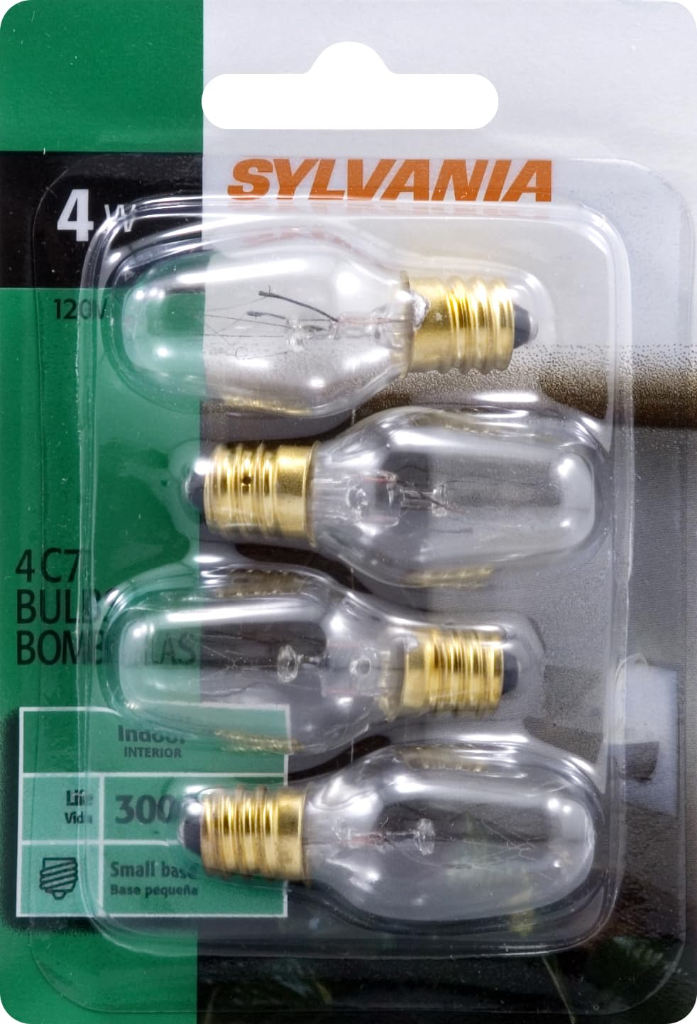Sylvania Incandescent Light Bulb, C7, 4W, Candelabra Base, 15 Lumens, 2850K, Non-Dimmable, Clear, Soft White - 4 Pack (13549)