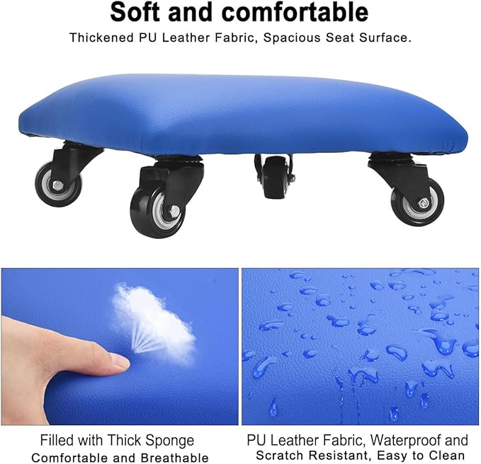 FLOLXNB Low Height Rolling Stool Low Roller Seat PU Leather Square Roller Seat Stool Low Rolling Chair for Home Office Fitness Garage (Blue)