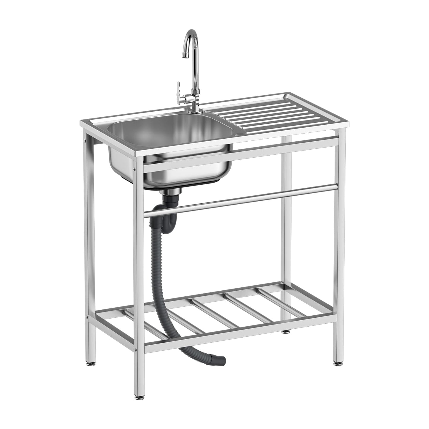 DuyviSteil Free Standing Single Bowl Kitchen Sink, Stainless Steel Utility Sink with Dual-inlet Design Faucet for Kitchen, Garage, Backyard