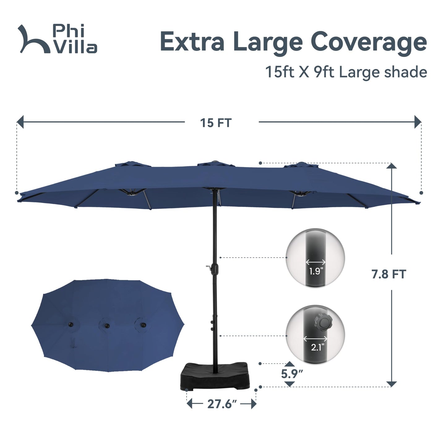 PHI VILLA 15ft Large Patio Umbrellas with Base Included, Outdoor Double-Sided Rectangle Market Umbrella with Crank Handle, for Pool Lawn Garden, Navy Blue