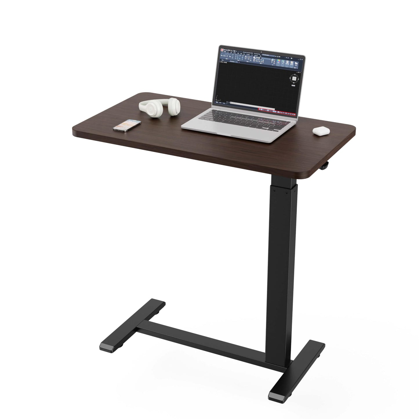 Ywin Adjustable Height Side Table, Adjustable Bedside Table with Wheels, Overbed Bedside Table, Pneumatic Moveable Bed Desk, Rolling Hospital Bed Table(Black Walnut)