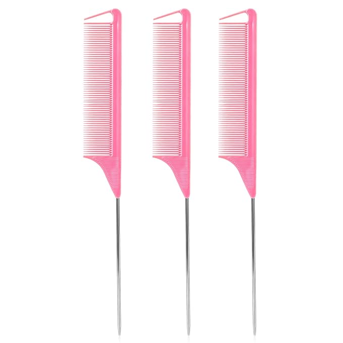 Rat Tail Combs Set - 3 Pack Long Steel Pin Combs for Hair Stylists, Parting and Teasing, Great for All Hair Types (Pink)