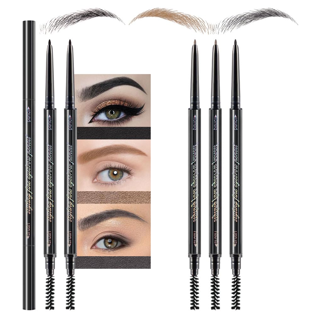 5 Pcs Dual-Sided Auto-rotate Ultra-Fine Tip Eye Brow Pencils Pack,Draws Tiny Brow Hairs, Defines, Fills Brows, Shapes, Contours,