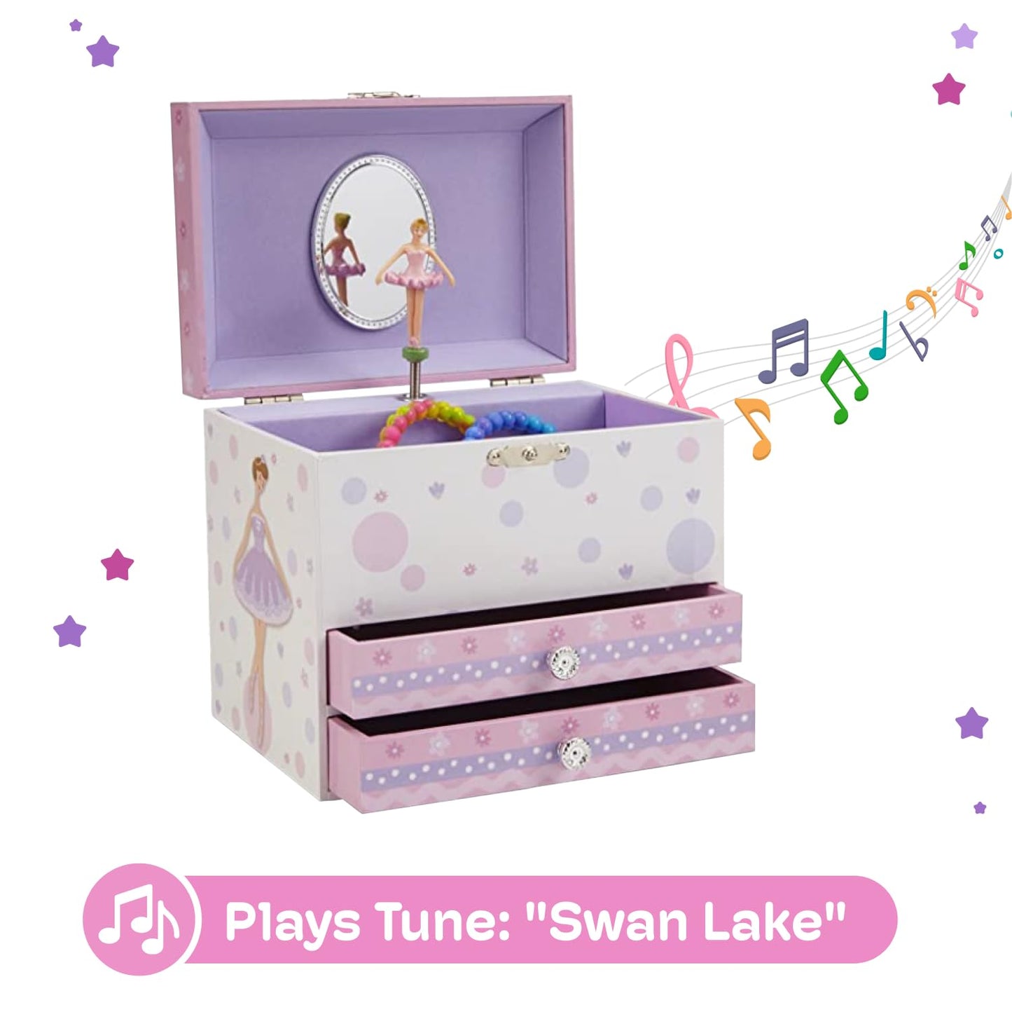 Jewelkeeper Jewelry Box for Girls with Ballerina and Music Box - Dual Drawers and Spacious Storage - Swan Lake Tune - White and Purple Jewelry Keepsake Chest - 6 x 6.75 x 5.25 Inches