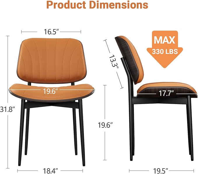 YaFiti Dining Chairs Set of 2, Mid Century Modern Dining Room and Kitchen Chairs, Upholstered PU Leather Chairs with Walnut Bentwood and Metal Legs, Orange