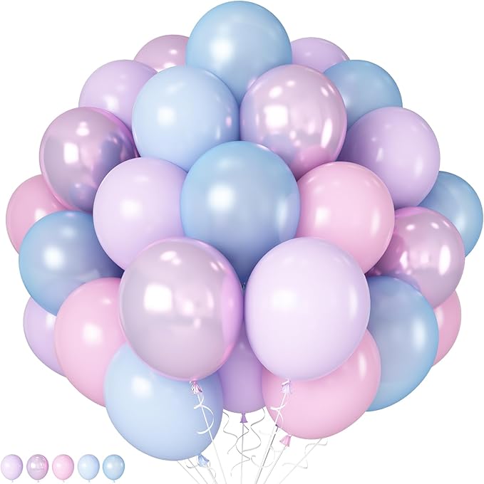 HILAVO Pink Purple Blue Balloon 60Pcs 12 Inch Metallic Pastel Balloon Iridescent Pearl Pink Blue Purple Party Balloons for...
