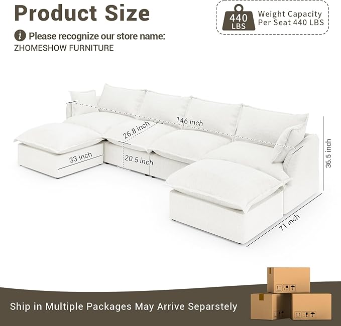 Lopzeho 146” Oversized Cloud Modular Sectional Sofa, Comfy Down Filled Cloud Couch with Removable Cover, 4 Seater Modular Couch with 2 Ottomans, U Shaped Sectional Couches for Living Room, Cream White