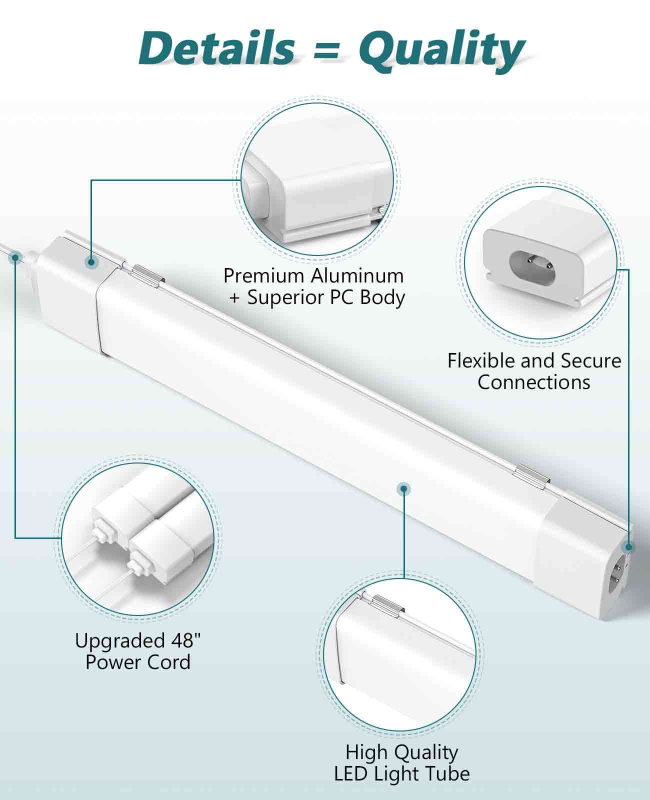 WNSNOU LED Shop Light With Plug, 4FT Waterproof Linkable Tube, 36W Cabinet Lighting 5000K Wired Electric Ceiling With ON/Off Switch, 4000LM Closet Light for Workshop, Room