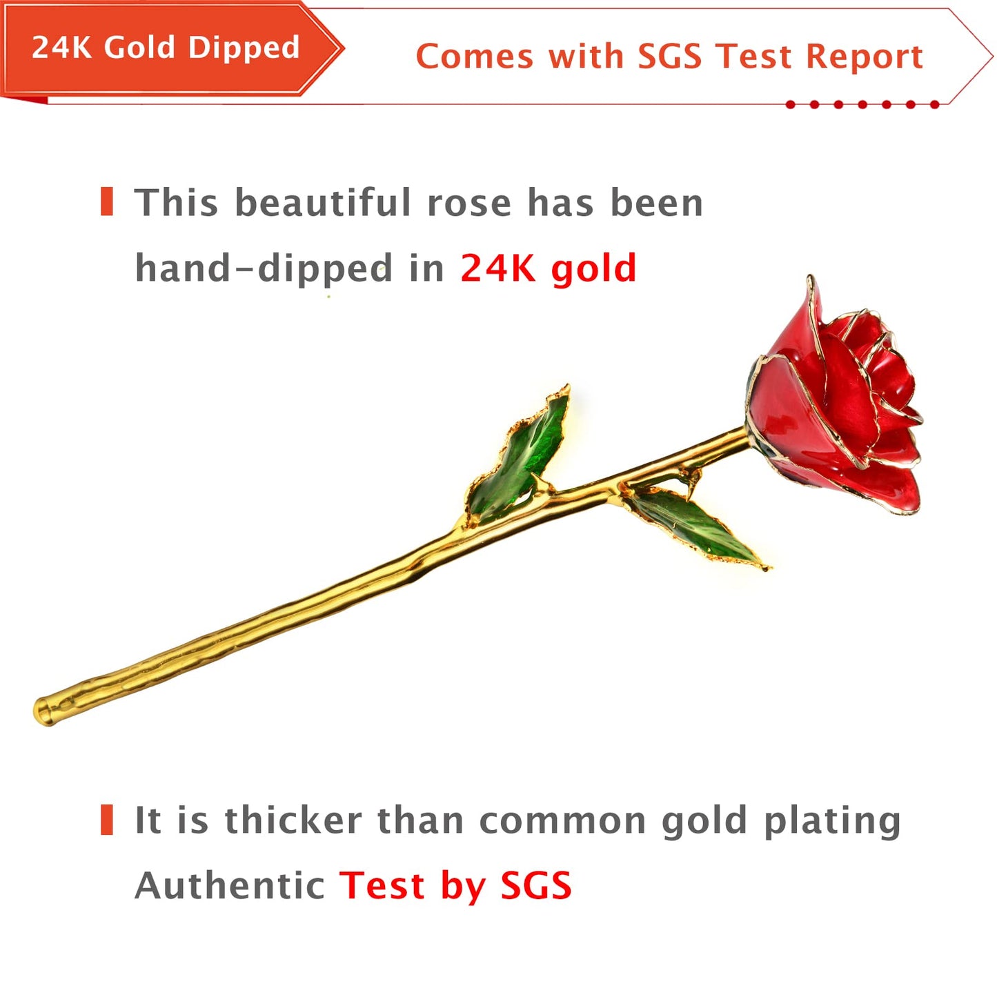 Valentines Day Gift Rose, Long Stem Rose Made from 24K Gold Dipped Real Rose Gift for her Rose(Red with Crystal Vase)