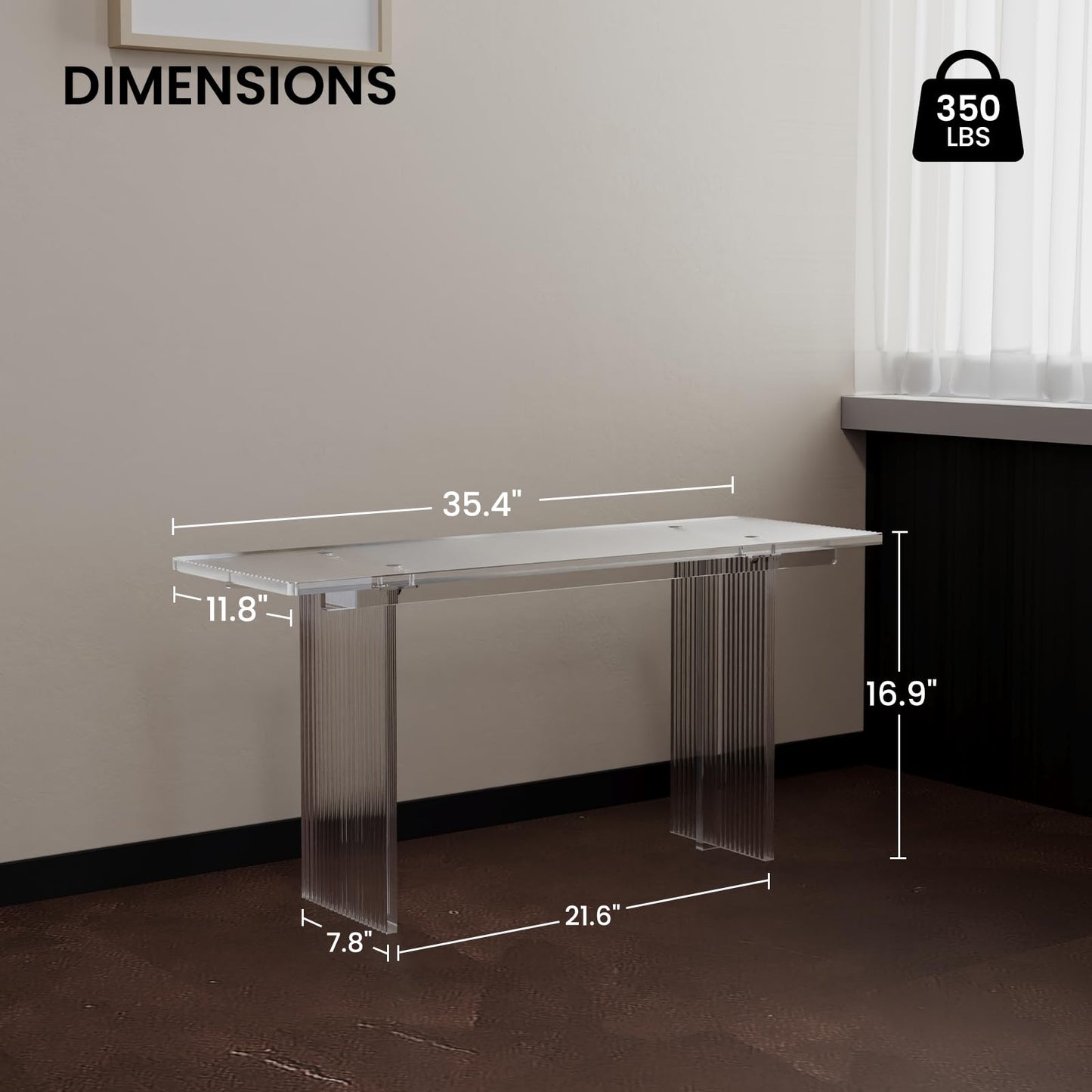 Sumerflos Fluted Textured Acrylic Bench - 35" Clear Entryway Bench for Bedroom, Hallway, Shoe Storage, Dining, Living Room, Hold Up to 350 LBS (Seat for 2 People), Modern T-Shape Legs, Easy Assembly