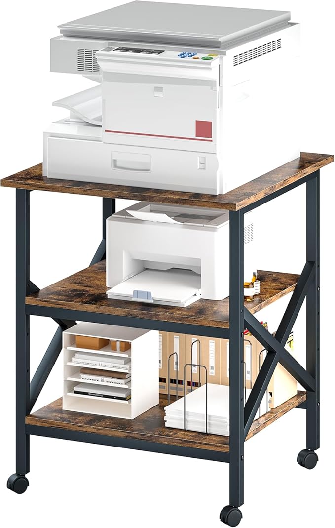 MILEFA Large 23.6 x 23.6 Inches Printer Stand with 3 Tiers, Height Adjustable Storage Shelf, Rolling Printer Cart with Industrial Wheels - Rustic Brown Home Office Printer Table