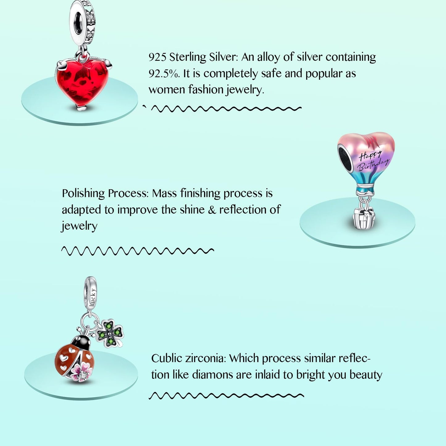 Annmors 925 Sterling Silver Charms fit Bracelets Necklaces Happy Birthday Air Balloon Ladybird Dangle Beads with 5A Cubic Zircon
