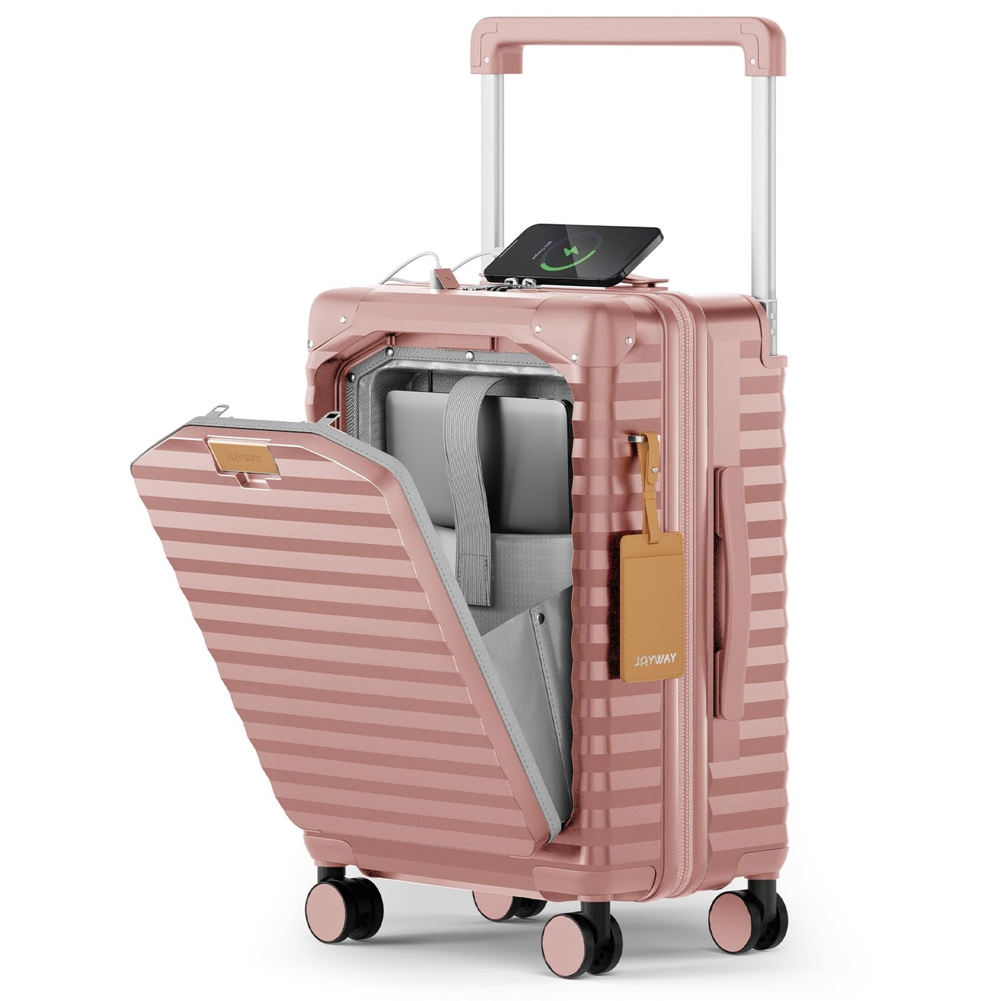 Joyway 20 Inch Carry on Luggage with Front Pocket, PC Hardshell Carry-on Suitcase with USB Port and Cup Holder, 21.5x14.2x9 Airline Approved, Luggage with Spinner Wheels and TSA Lock (Rosa Gold)