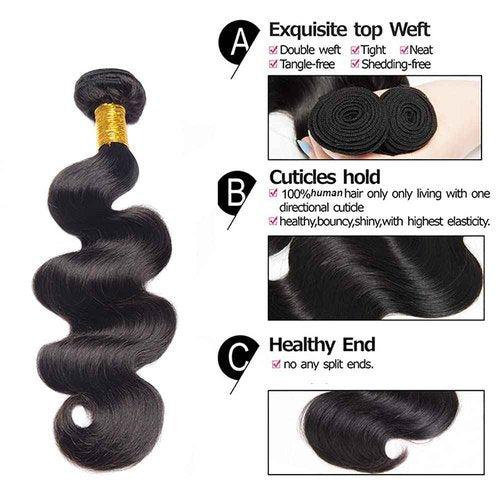 Body Wave Bundles Human Hair Natural Black Color Body Wave Bundle Hair Extensions 22 24 26 Inch Grade 8A Brazilian Virgin Remy Hair 3 Bundles Double Weft Hair Weave