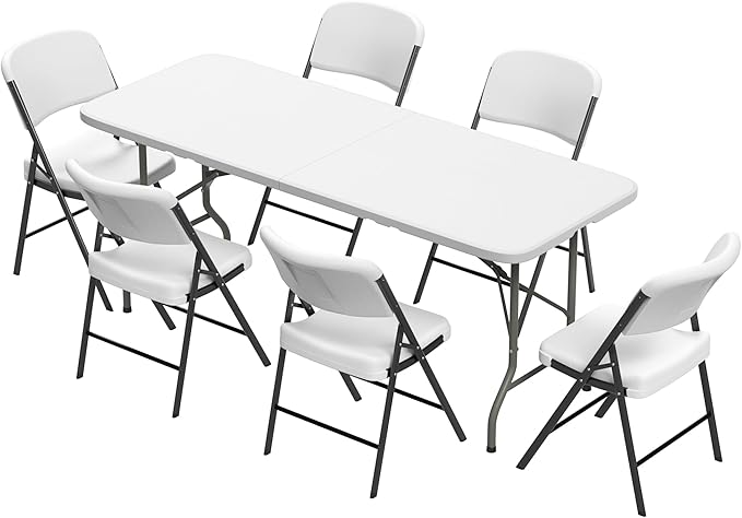 Elevon Folding Table Set with 6 White Folding Chairs,6 Feet Heavy Duty Fold-in-Half Utility Table Sets for Picnic, Event, ...