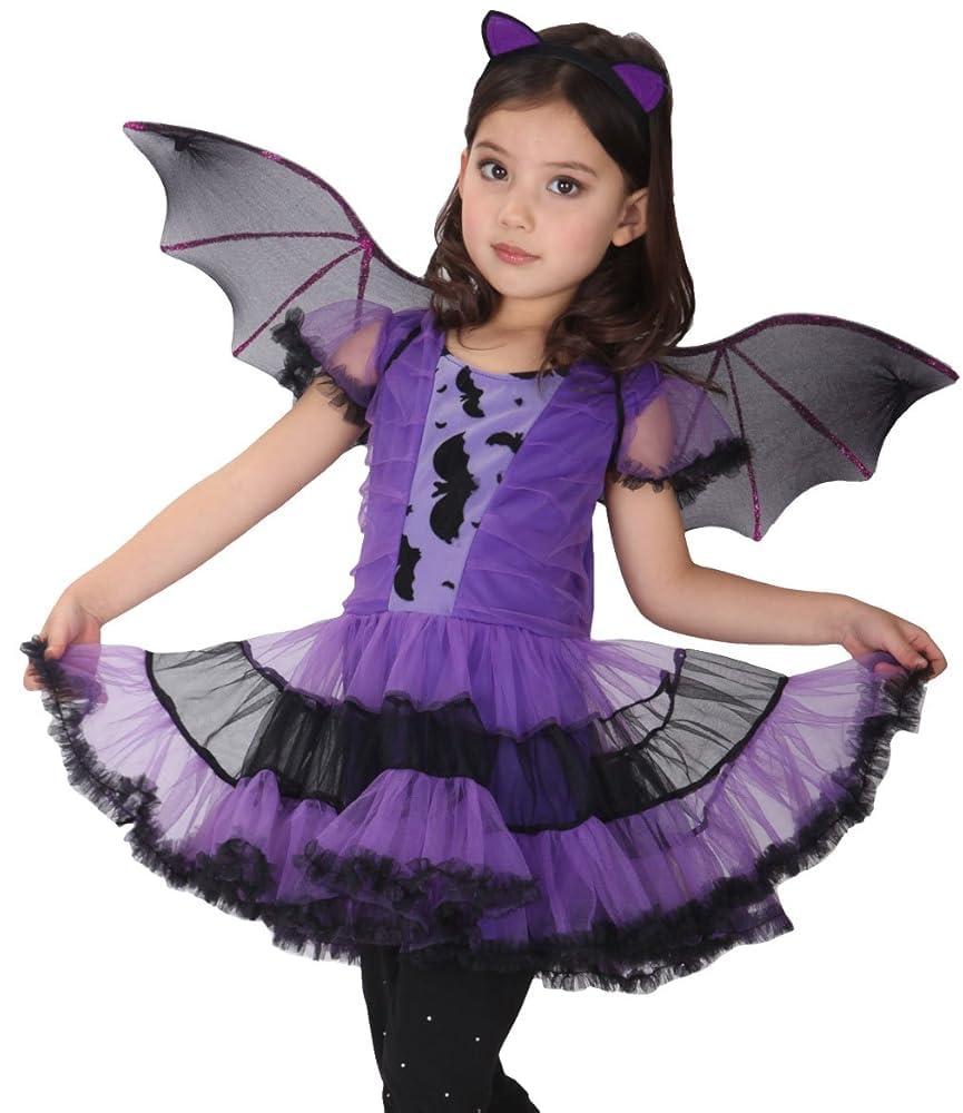 EOZY Girls Bat Vampire Costume Kids Halloween Clothes Animal Cosplay Purple Dress (4-6 Years)