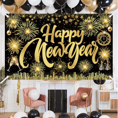 Famoby Happy New Year Fabric Sign Poster Banner Backdrop with Pattern Firework Champagne for Photo Booth Background New Ye...