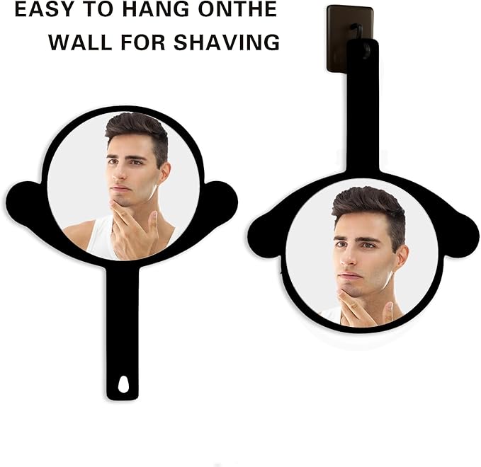 Handheld Mirror, Big + Small 2-Pcs Compact Hand Mirrors with Handle, Bathroom, Barber & Makeup, Travel, Pocket-Sized Mirror, Hanging, Hand Held (Black, 7.09" Lx 9.06" W)