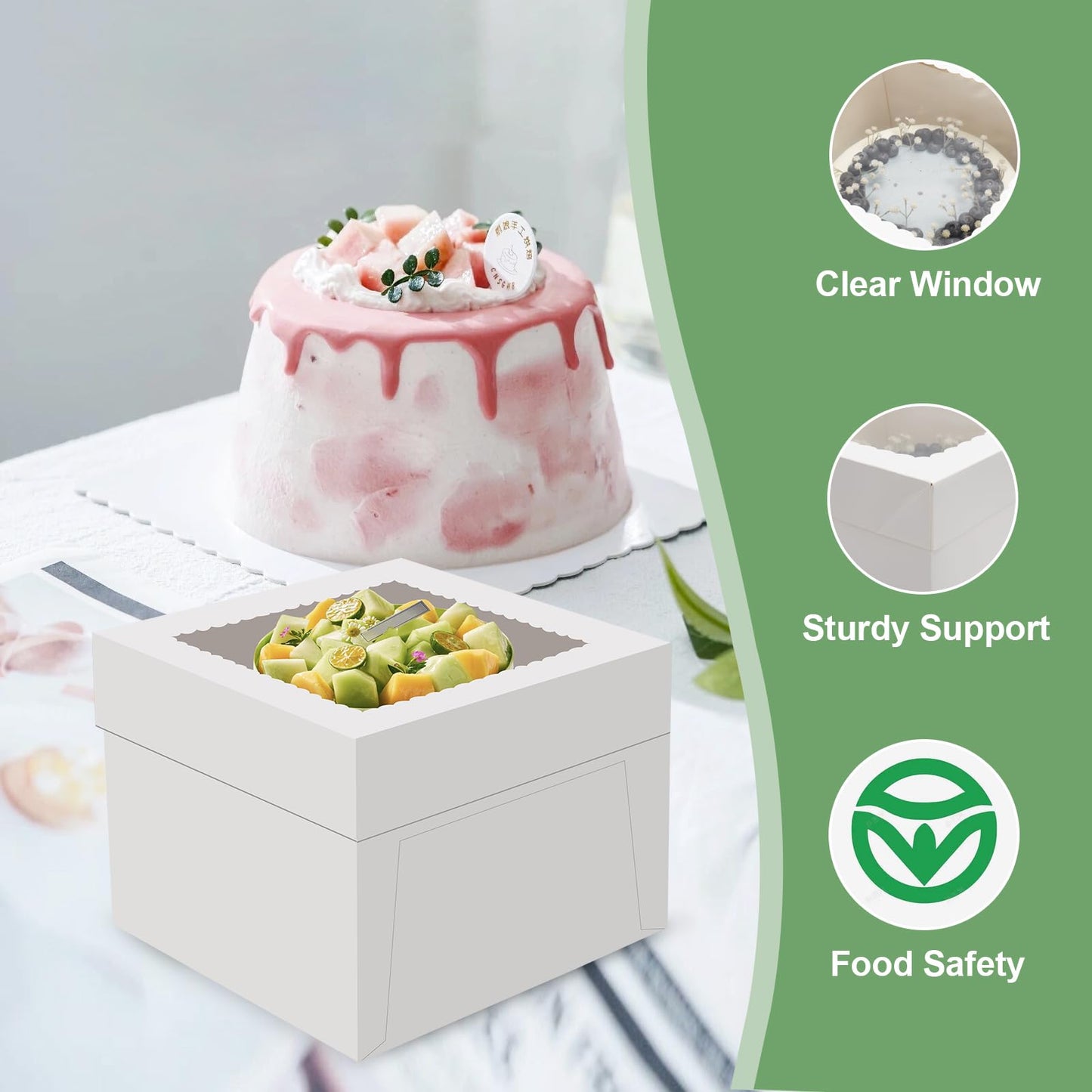 LNDIEHS 2 Pack Cake Boxes, 12x12x8 Inches Tall Cake Box with Cake Boards, White Bakery Boxes with Large Window, Disposable Cakes Transport Containers with Lids, for Cookies, Pies, Wedding, Birthday