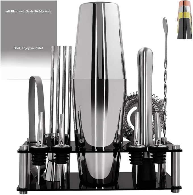 Professional Cocktail Shaker Set with Stand Cocktail Recipes, 15-Piece 750/600ml Bartender Kit, Bar Sets Bartending Kit Ba...