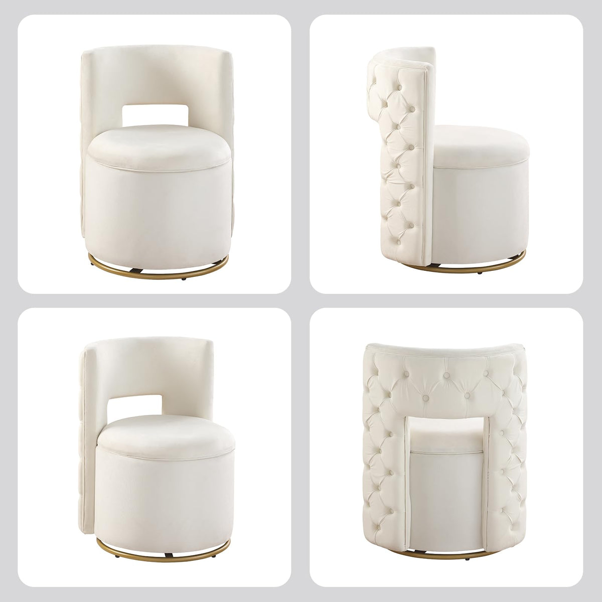 Tassullo Swivel Chair with Storage for Living Room, Round Velvet Vanity Chair with Tufted Button Back, Pillow Included (Beige)