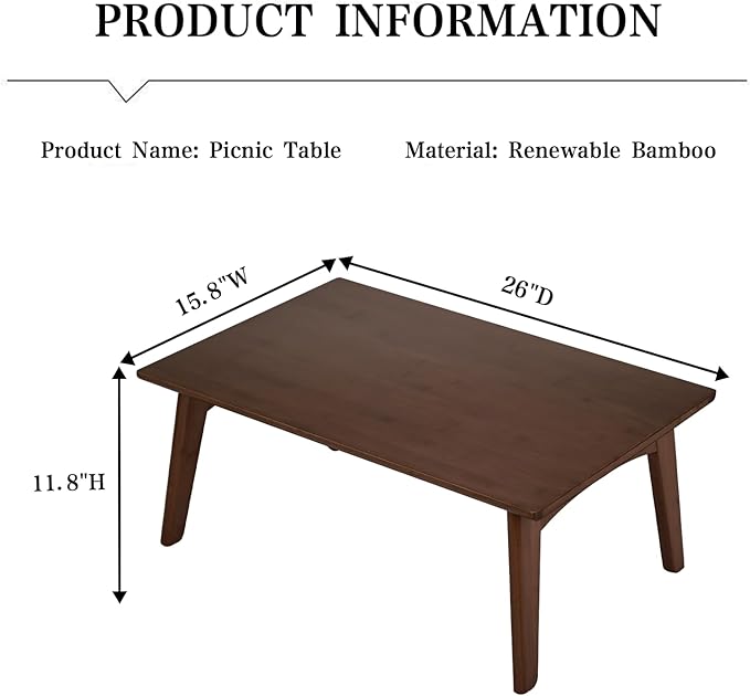 JIKUGO Japanese Floor Table No Assembly Required Bamboo Folding Walnut Coffee Table Bedroom 26x15.8x11.8in Furniture Low Tea Table for Sitting on The Floor Chestnut Large
