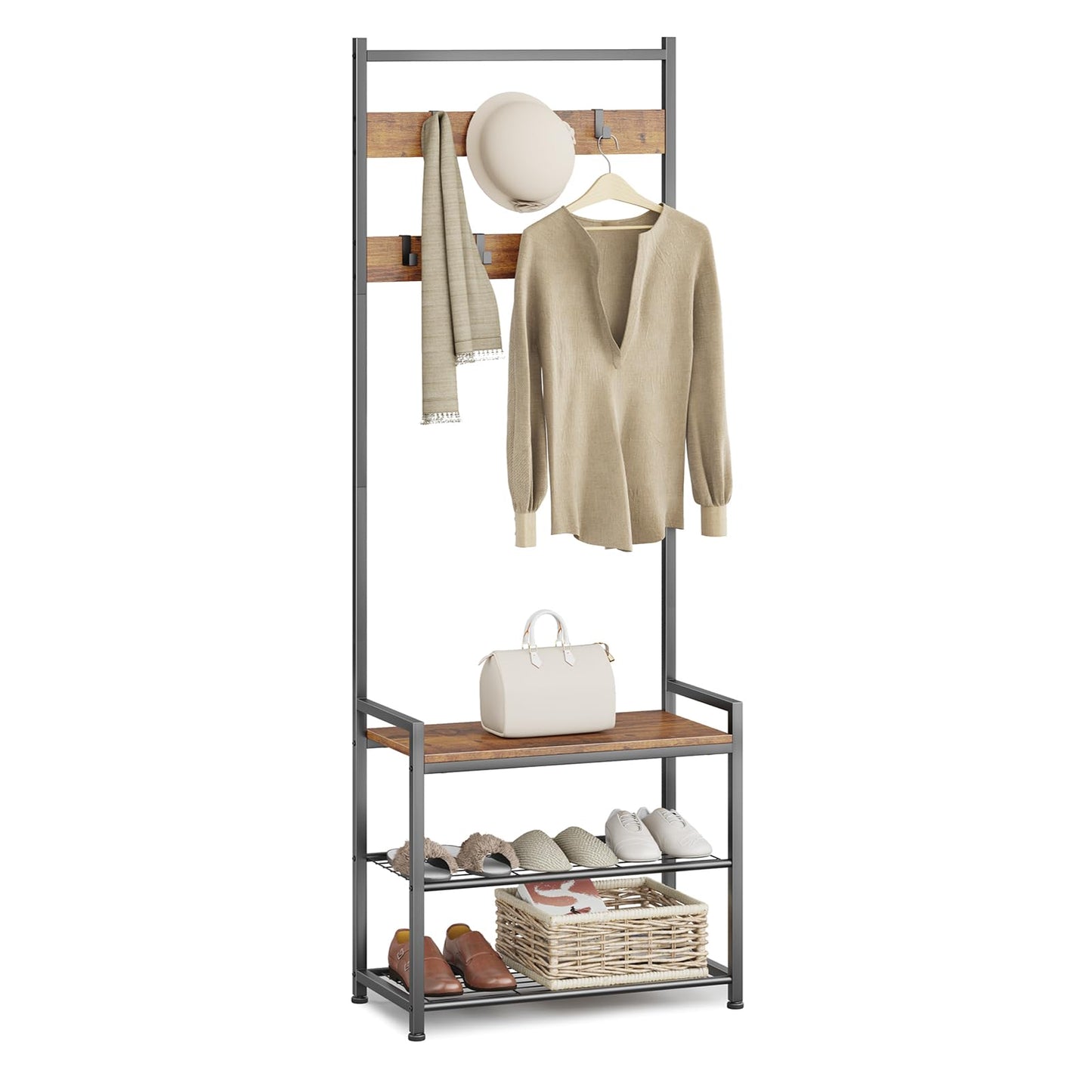 Leadpro Coat Rack Hall Tree with Shoe Storage, Entryway Hall Tree Storage Bench, Wood Look Accent Furniture with Metal Frame, 3-in-1 Design, Rustic Brown