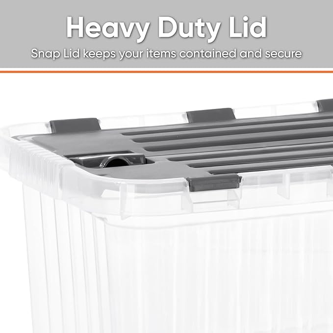 Superio Storage Box with Hinged Lids, Plastic Container Bins for Organizing with Attached Lid, Stackable Crates, BPA Free, Organizers for Home and Dorm, 10.5 Quart (Clear with Grey Lids, 15"x10"x7")
