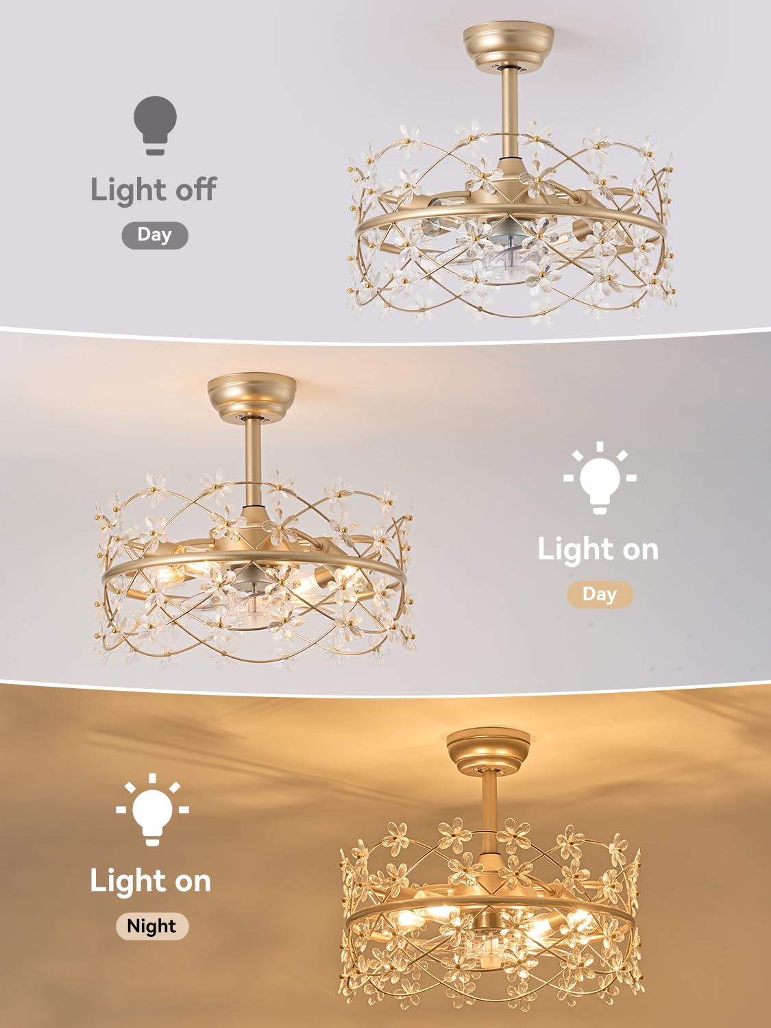 youngrender 20 Inch Gold Caged Ceiling Fan with Light, Flower Chandelier Ceiling Fan with Lights Remote Control, Frower Crystal Fandelier 6 Speeds for Girl's Bedroom, Living Room