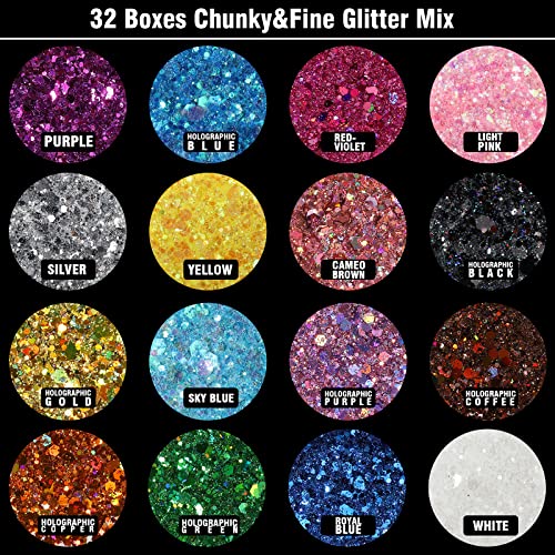 Festival Chunky and Fine Glitter Powder Mix, Teenitor 32 Colors Chunky Sequins, Iridescent Glitter Flakes, Cosmetic Face B...