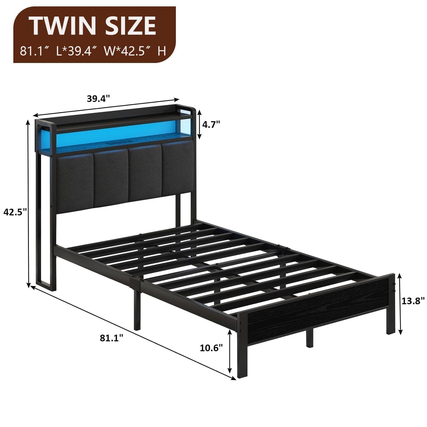 Twin Size Bed Frames with LED Lights and Storage, Metal Platform Bed Twin with Upholstered Headboard and Charging Station, Heavy Duty Metal Slats, No Box Spring Needed, Easy Assembly, Dark Grey