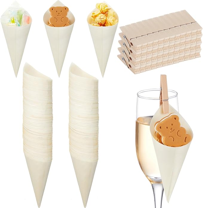 Yookeer 200 Pcs 5 Inch Disposable Wood Cones with 200 Pcs Mini Clips, Disposable Wine Champagne Glass Charcuterie Toppers ...