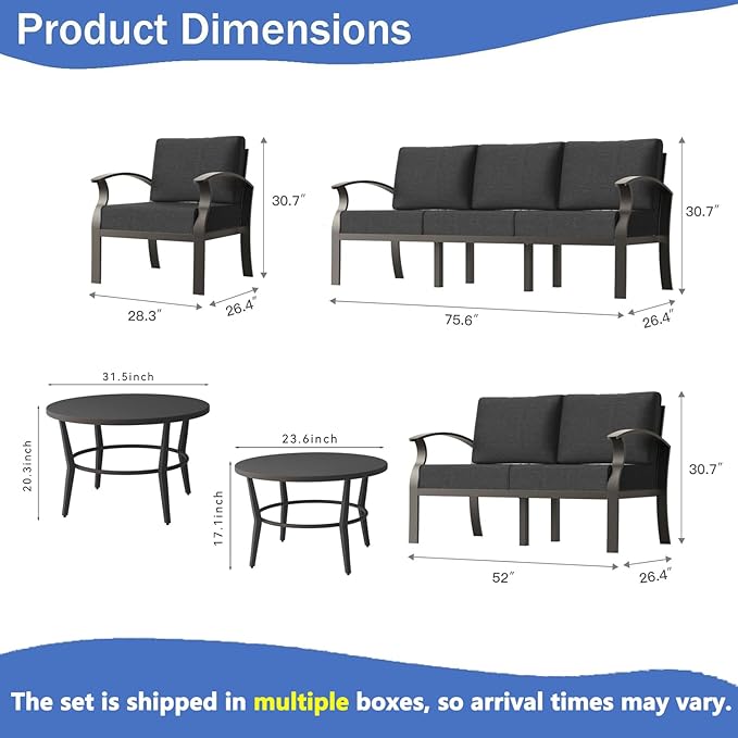 RTDTD Aluminum Outdoor Patio Furniture Set,7 Seats Patio Conversation Sets with 2 Round Coffee Tables,Metal Patio Sectional Furniture Set with 5.1" Thickened Cushions,Black